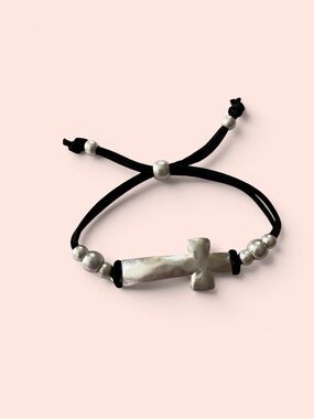 Adjustable Black Cord Bracelet with Silver Cross Bead